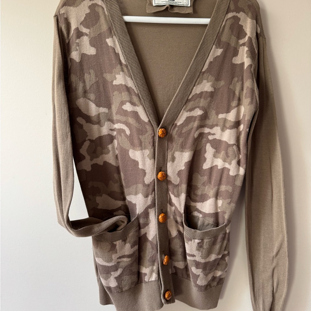 Camouflage Cardigan with Leather Button Detail